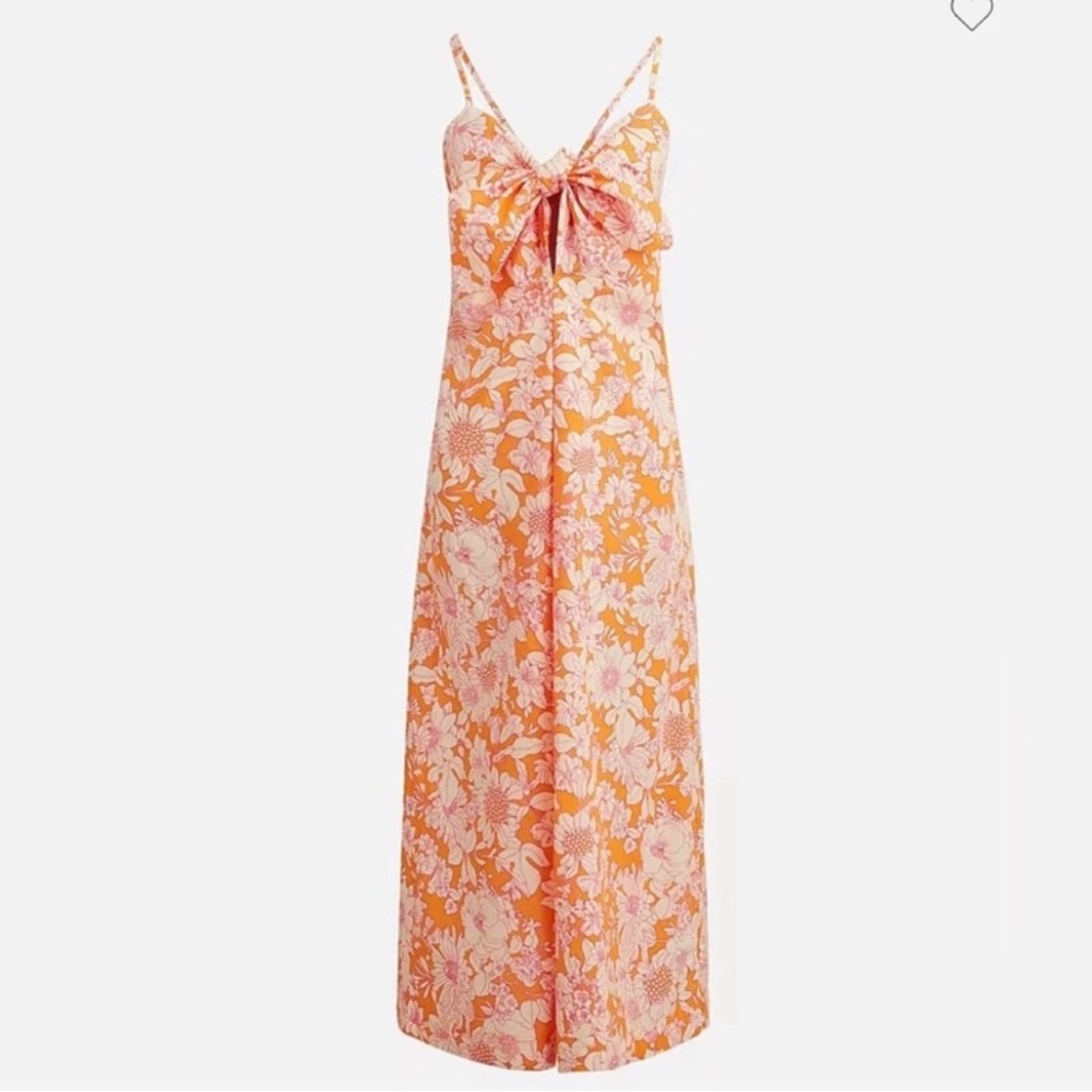 J. Crew Tie Front Cotton Poplin Orange Floral Midi Dress S Vacation Summer